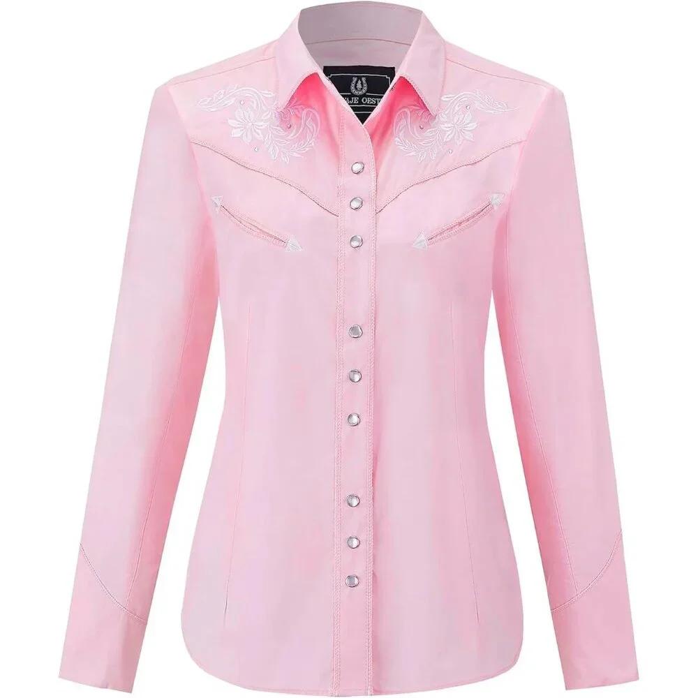 Women's Baby Pink Embroidered Western Cowgirl Slim Button Down Long Sleeve Shirt - Picture 1 of 4